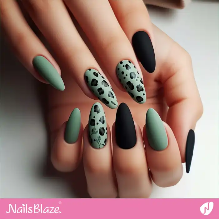 Matte Black and Green Leopard Print Nail Design | Animal Print Nails - NB2606